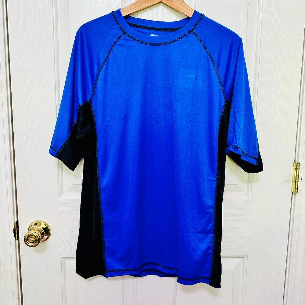 TESLA TSLA COLORBLOCK BLUE BLACK SHORT SLEEVE CREW NECK RASH GUARD SHIRT
